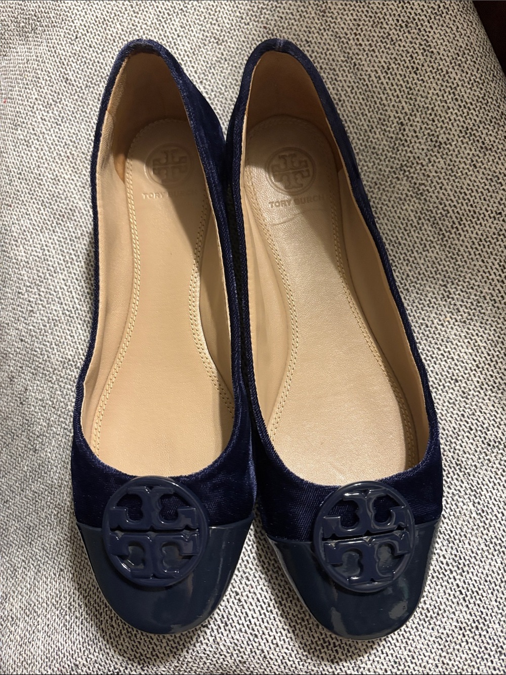 Tory Burch Navy Velvet and Patent Logo Ballet Flats